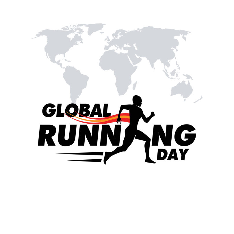 a person running in front of a world map