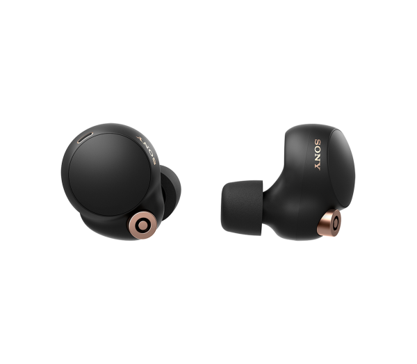 a close up of a pair of black earbuds