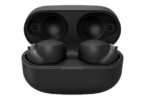 a black wireless earbuds in a case