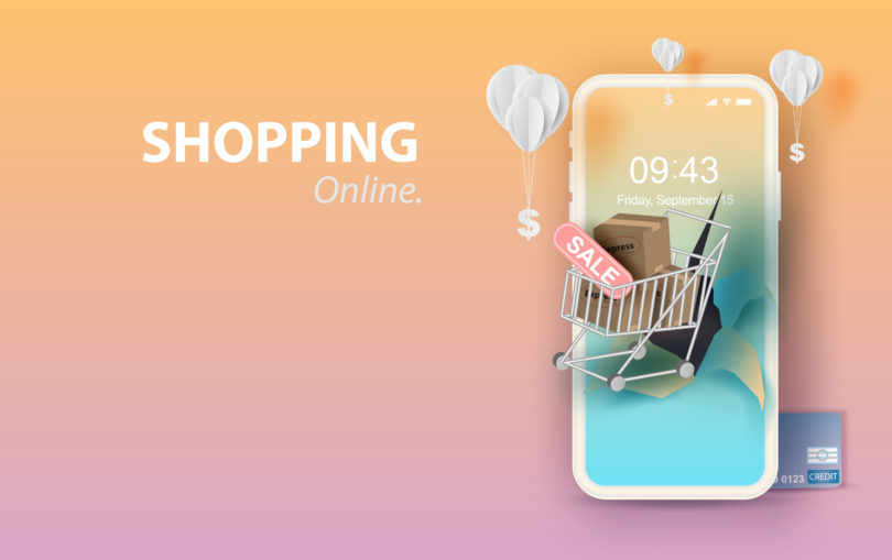 a phone screen with a shopping cart and a sign