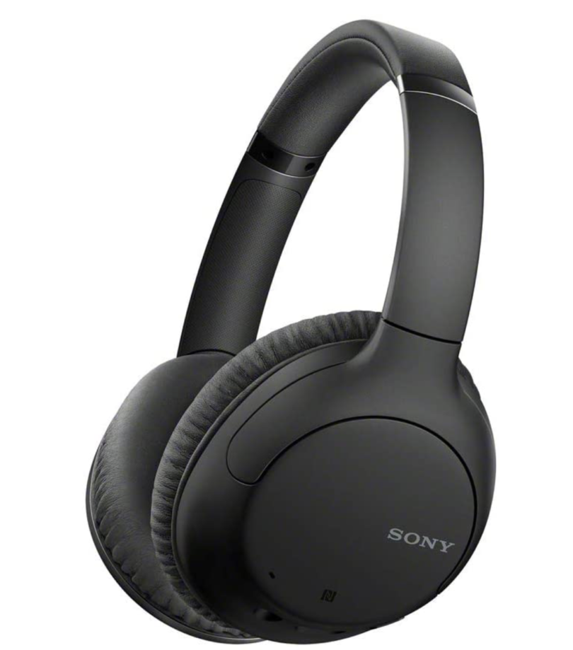 a black headphones with a white background