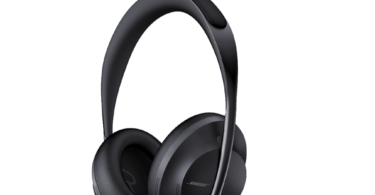 a black headphones with a curved handle