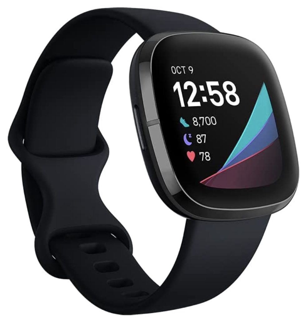 a smart watch with a black band