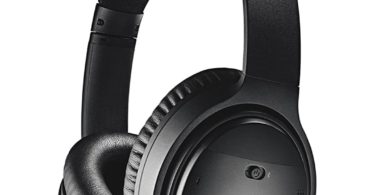 a black headphones with a white background