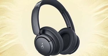 a black headphones with text above it