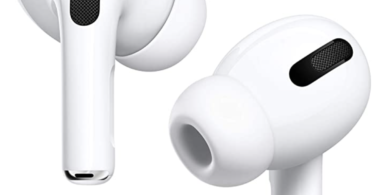 a pair of white earbuds