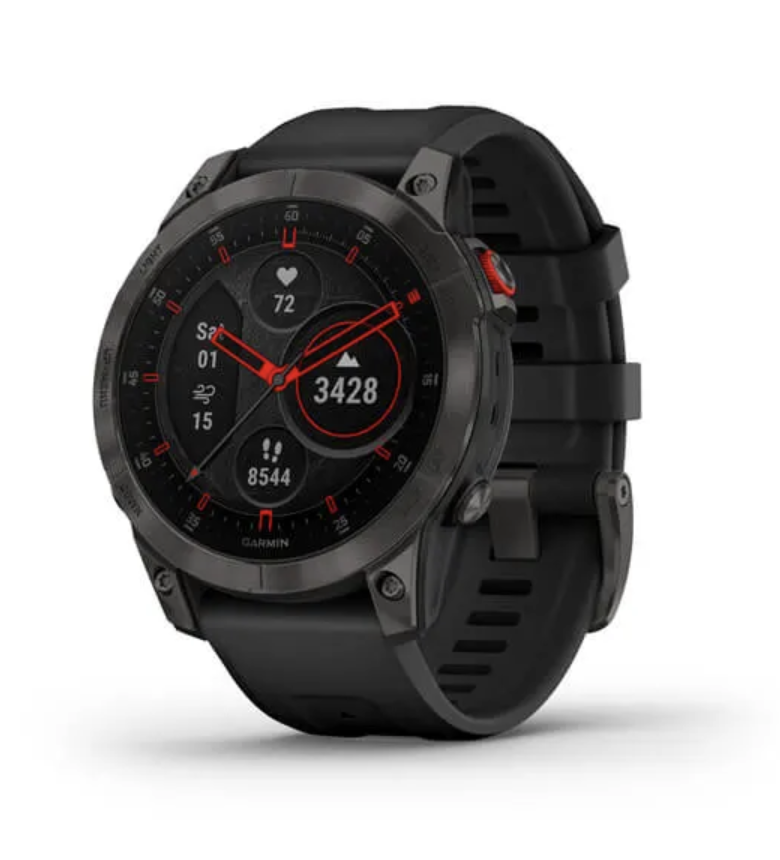 a black smart watch with red numbers and a white background