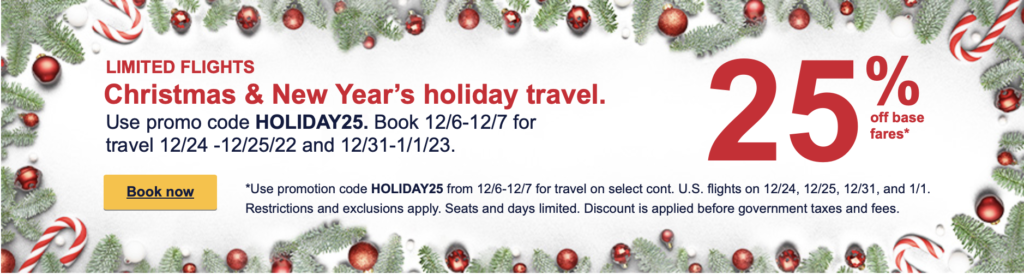 a holiday travel advertisement with red and white decorations