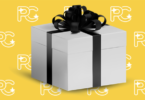 a white box with a black ribbon