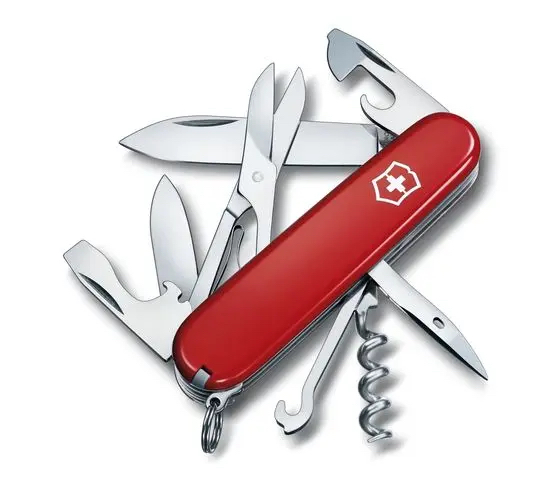 a red swiss army knife with many different tools