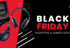 a black headphones on a red and black background