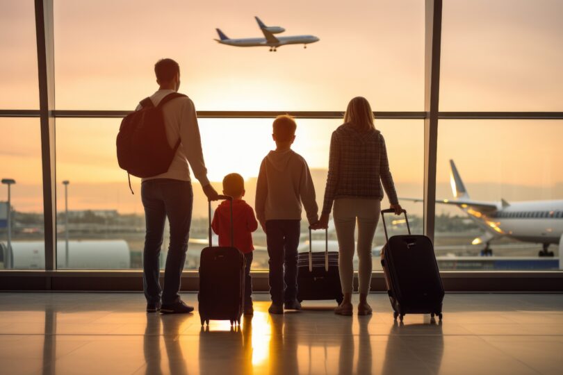 a family with luggage looking at an airplane