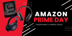 a black headphones on a black and red background