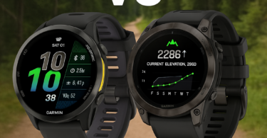 The image shows two Garmin smartwatches against a blurred forest background. On the left is the Garmin Forerunner 970, displaying time, date, and various metrics. On the right is the Garmin Epix Pro, showing current elevation and a graph. The word "VS" is positioned between the watches, indicating a comparison.