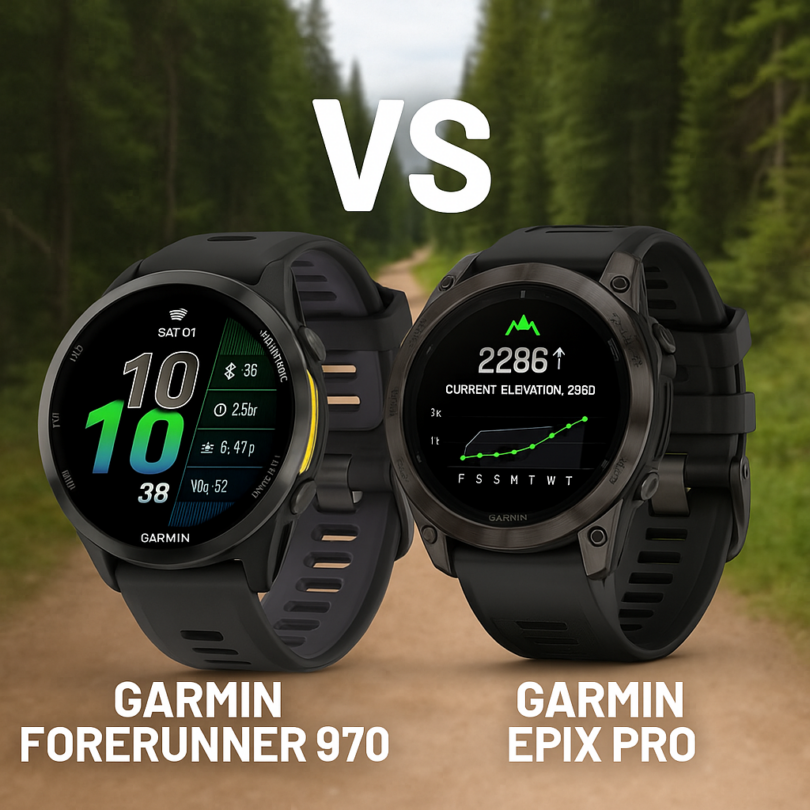 The image shows two Garmin smartwatches against a blurred forest background. On the left is the Garmin Forerunner 970, displaying time, date, and various metrics. On the right is the Garmin Epix Pro, showing current elevation and a graph. The word "VS" is positioned between the watches, indicating a comparison.