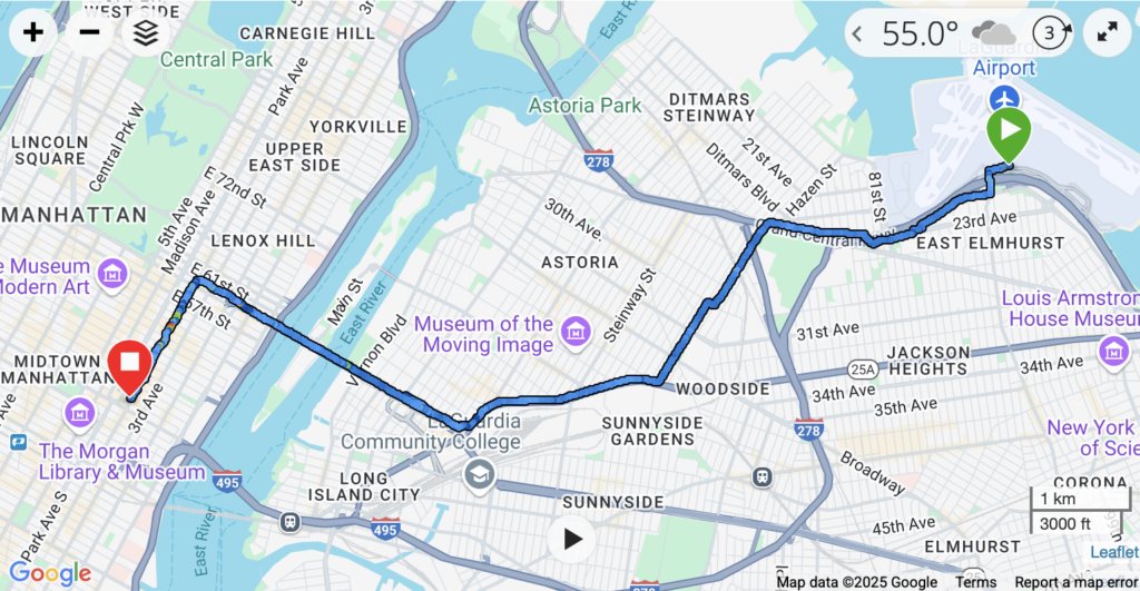The image is a map showing a route from LaGuardia Airport to Midtown Manhattan. The route is marked with a blue line, starting at the airport in East Elmhurst and ending in Midtown Manhattan. Key locations along the route include Astoria, Jackson Heights, and the Upper East Side. The map also displays landmarks such as Central Park, the Museum of the Moving Image, and the Morgan Library & Museum. The temperature is shown as 55.0°F, and there are icons for weather and navigation options.