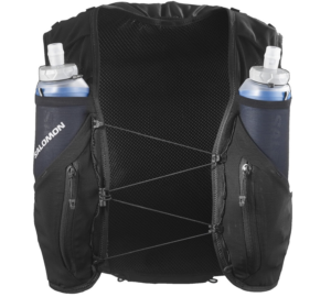 The image shows a black hydration vest with two blue soft water bottles in the front pockets. The vest has multiple zippered compartments and elastic cords for securing items. The brand name "Salomon" is visible on one of the pockets.