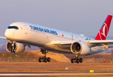 A Turkish Airlines airplane is landing on a runway. The aircraft is white with the airline's logo and name visible on the fuselage. The engines and landing gear are clearly visible, and the background shows a grassy area and a clear sky.