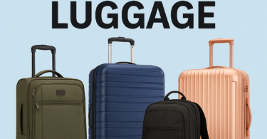The image shows a promotional graphic for "Prime Day Deals on Luggage." It features four pieces of luggage: a green suitcase, a blue suitcase, a black backpack, and a peach-colored suitcase, all with wheels and handles, set against a light blue background.