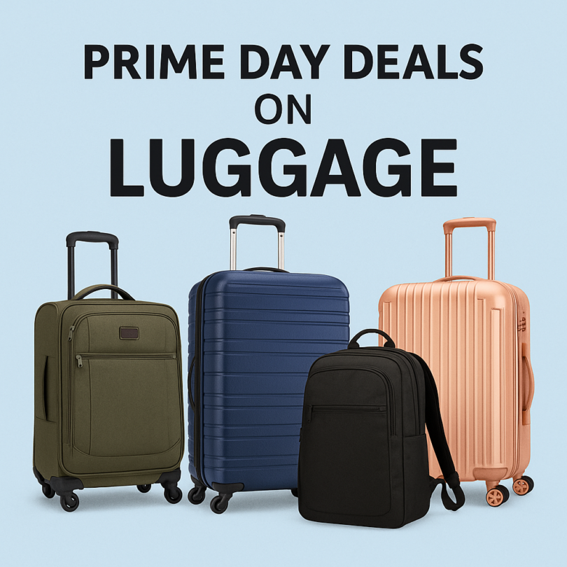 The image shows a promotional graphic for "Prime Day Deals on Luggage." It features four pieces of luggage: a green suitcase, a blue suitcase, a black backpack, and a peach-colored suitcase, all with wheels and handles, set against a light blue background.