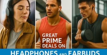 The image is a promotional banner divided into three sections. The left section shows a person wearing over-ear headphones, sitting by an airplane window. The middle section features a person in a red tank top wearing wireless earbuds, with the text "Great Prime Deals on" overlaid. The right section shows a person exercising with wired earbuds, lifting a dumbbell. At the bottom, a blue banner reads "Headphones and Earbuds."