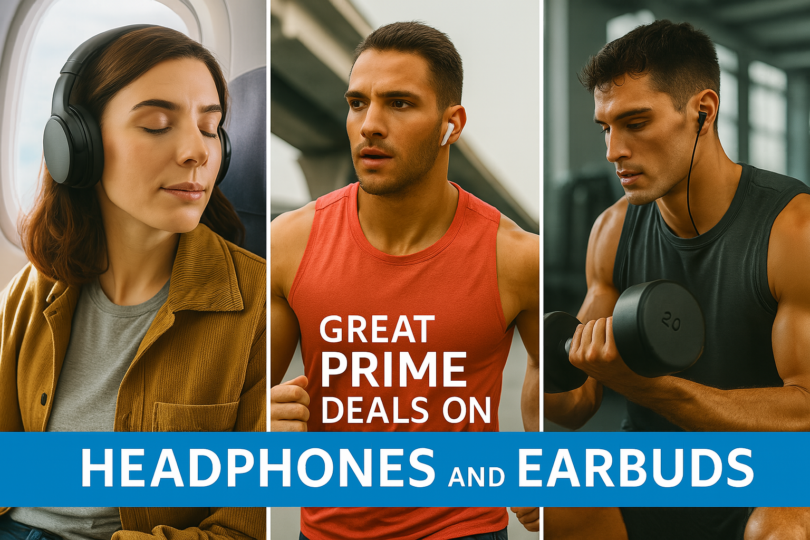 The image is a promotional banner divided into three sections. The left section shows a person wearing over-ear headphones, sitting by an airplane window. The middle section features a person in a red tank top wearing wireless earbuds, with the text "Great Prime Deals on" overlaid. The right section shows a person exercising with wired earbuds, lifting a dumbbell. At the bottom, a blue banner reads "Headphones and Earbuds."