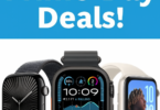 The image features a promotional banner with the text "HUGE Prime Day Deals!" in bold white letters on a blue background. Below the text, there are three smartwatches displayed, each with different watch faces and band styles.