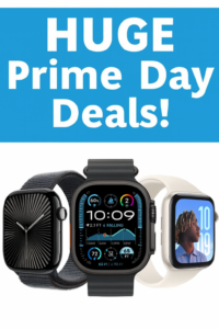 The image features a promotional banner with the text "HUGE Prime Day Deals!" in bold white letters on a blue background. Below the text, there are three smartwatches displayed, each with different watch faces and band styles.