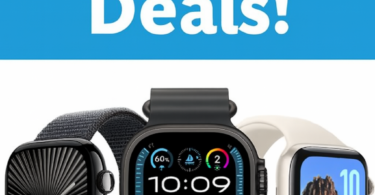 The image features a promotional banner with the text "HUGE Prime Day Deals!" in bold white letters on a blue background. Below the text, there are three smartwatches displayed, each with different watch faces and band styles.
