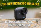 The image shows a small black camera, the Insta360 GO Ultra, placed on a textured surface. The background is blurred, highlighting the camera. Text on the image reads "The New Insta360 GO Ultra" at the top and "A Tiny Camera for Any Adventure" at the bottom.