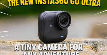 The image shows a small black camera, the Insta360 GO Ultra, placed on a textured surface. The background is blurred, highlighting the camera. Text on the image reads "The New Insta360 GO Ultra" at the top and "A Tiny Camera for Any Adventure" at the bottom.