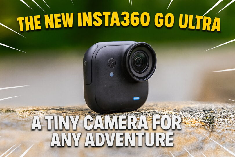 The image shows a small black camera, the Insta360 GO Ultra, placed on a textured surface. The background is blurred, highlighting the camera. Text on the image reads "The New Insta360 GO Ultra" at the top and "A Tiny Camera for Any Adventure" at the bottom.