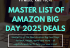 The image is a promotional graphic for "Amazon Big Day 2025 Deals." It features text highlighting great deals for travel, fitness, and tech. The background includes a laptop and cardboard boxes with shopping cart symbols. The text mentions a master list of deals that is regularly updated to help save money. The website "runningwithmiles.com" is also included.
