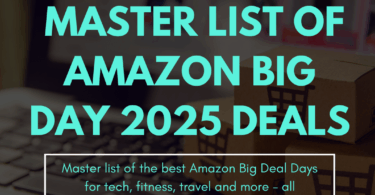 The image is a promotional graphic for "Amazon Big Day 2025 Deals." It features text highlighting great deals for travel, fitness, and tech. The background includes a laptop and cardboard boxes with shopping cart symbols. The text mentions a master list of deals that is regularly updated to help save money. The website "runningwithmiles.com" is also included.