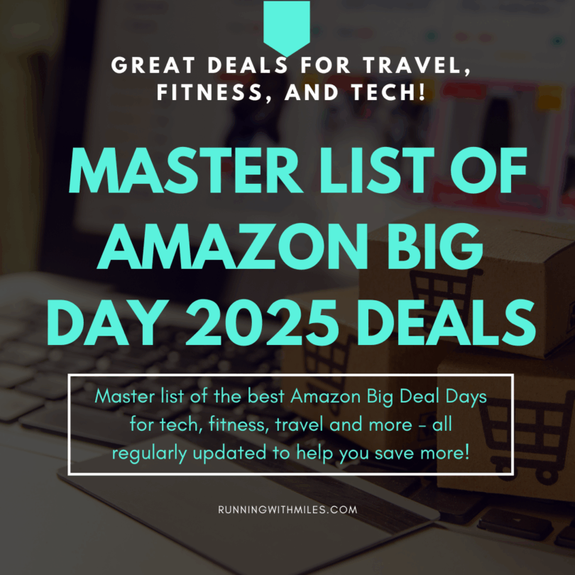 The image is a promotional graphic for "Amazon Big Day 2025 Deals." It features text highlighting great deals for travel, fitness, and tech. The background includes a laptop and cardboard boxes with shopping cart symbols. The text mentions a master list of deals that is regularly updated to help save money. The website "runningwithmiles.com" is also included.