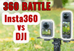 The image shows two 360-degree cameras mounted on a stand outdoors, with a blurred background of grass and trees. The text "360 BATTLE Insta360 vs DJI" is prominently displayed in bold red and white letters.