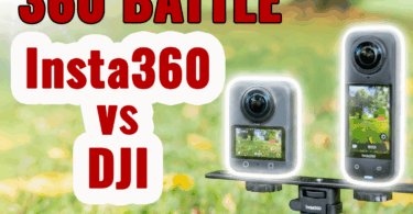 The image shows two 360-degree cameras mounted on a stand outdoors, with a blurred background of grass and trees. The text "360 BATTLE Insta360 vs DJI" is prominently displayed in bold red and white letters.