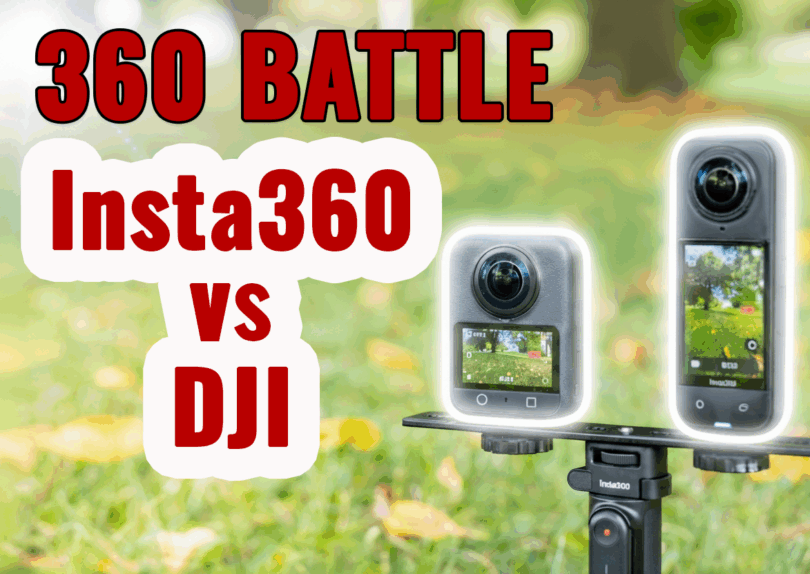 The image shows two 360-degree cameras mounted on a stand outdoors, with a blurred background of grass and trees. The text "360 BATTLE Insta360 vs DJI" is prominently displayed in bold red and white letters.