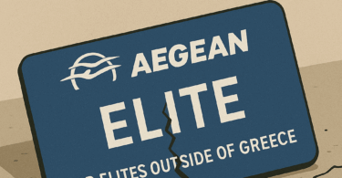 The image features a cracked card on a cracked surface, symbolizing a broken program. The card reads "AEGEAN ELITE FOR ELITES OUTSIDE OF GREECE" with the Aegean Airlines logo. Above the card, text says "AEGEAN AIRLINES RUINS ELITE PROGRAM FOR ELITES OUTSIDE OF GREECE." The overall theme suggests dissatisfaction with changes to an elite program.