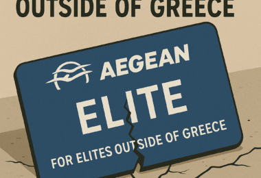 The image features a cracked card on a cracked surface, symbolizing a broken program. The card reads "AEGEAN ELITE FOR ELITES OUTSIDE OF GREECE" with the Aegean Airlines logo. Above the card, text says "AEGEAN AIRLINES RUINS ELITE PROGRAM FOR ELITES OUTSIDE OF GREECE." The overall theme suggests dissatisfaction with changes to an elite program.