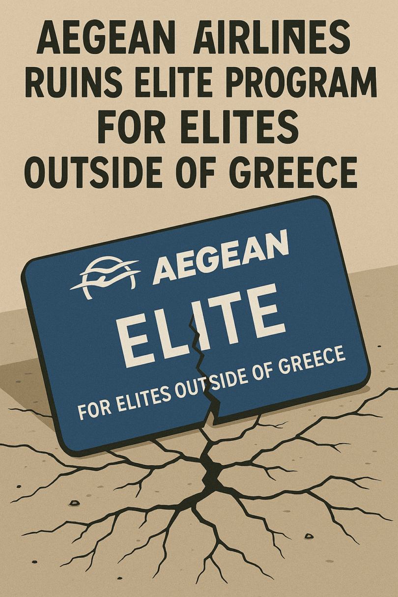 The image features a cracked card on a cracked surface, symbolizing a broken program. The card reads "AEGEAN ELITE FOR ELITES OUTSIDE OF GREECE" with the Aegean Airlines logo. Above the card, text says "AEGEAN AIRLINES RUINS ELITE PROGRAM FOR ELITES OUTSIDE OF GREECE." The overall theme suggests dissatisfaction with changes to an elite program.