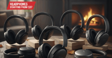 a group of black headphones on a table