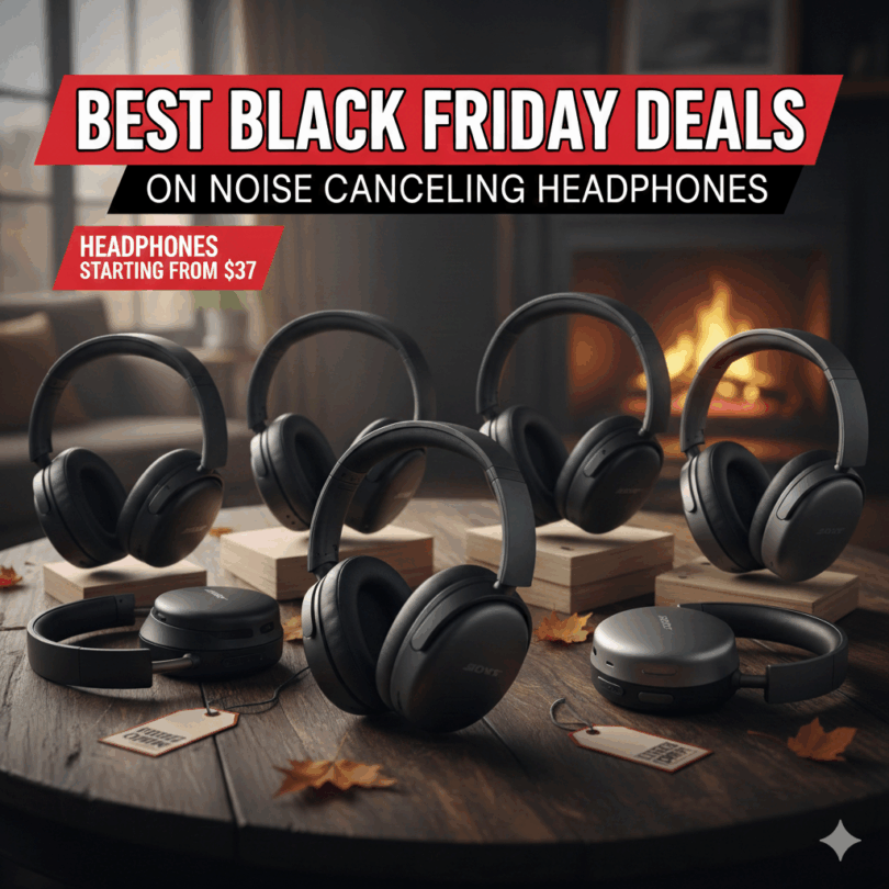 a group of black headphones on a table