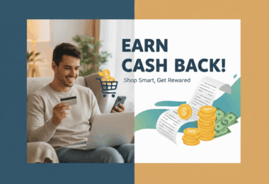 a man holding a credit card and a laptop