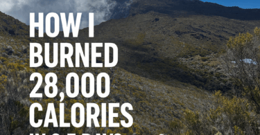 A person wearing a hat and backpack is hiking on a trail through a mountainous landscape with shrubs and a cloudy sky. The text on the image reads, "How I burned 28,000 calories in 2.5 days."