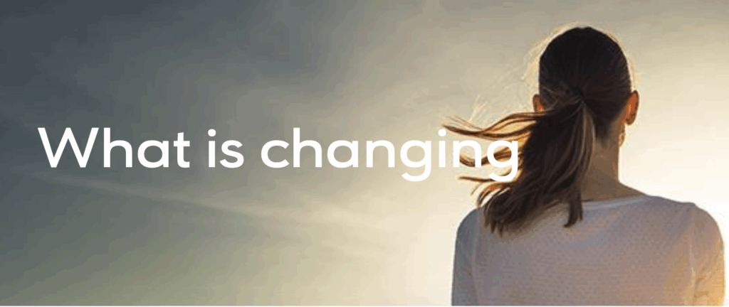 A person with long hair in a ponytail is standing outdoors, facing a bright sky. The text "What is changing" is overlaid on the image.