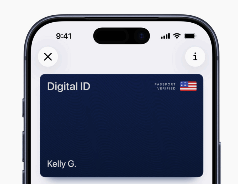 The image shows a smartphone screen displaying a digital ID card. The card is dark blue with the text "Digital ID" and "Kelly G." on it. There is a small American flag icon with the words "Passport Verified" next to it. The phone's status bar shows the time as 9:41, with icons for signal strength, Wi-Fi, and battery. There are also circular icons for closing and information at the top corners of the screen.