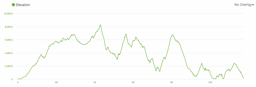 The image is a line graph showing elevation changes over a distance. The x-axis represents distance, while the y-axis represents elevation in feet, ranging from 0 to 10,000. The green line fluctuates, indicating varying elevation levels throughout the course. The legend indicates that the graph represents elevation data.