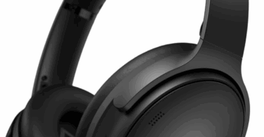 A pair of black over-ear headphones with a sleek design. The ear cups have a smooth finish, and the headband is cushioned for comfort. The brand name is visible on the side of the ear cup.