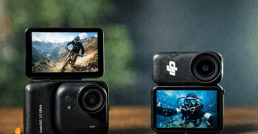 The image shows two action cameras placed on a wooden surface. The camera on the left has a screen displaying a person mountain biking on a rocky trail with mountains in the background. The camera on the right shows a screen with a person scuba diving underwater. Both cameras have lenses prominently visible, and the background is blurred.